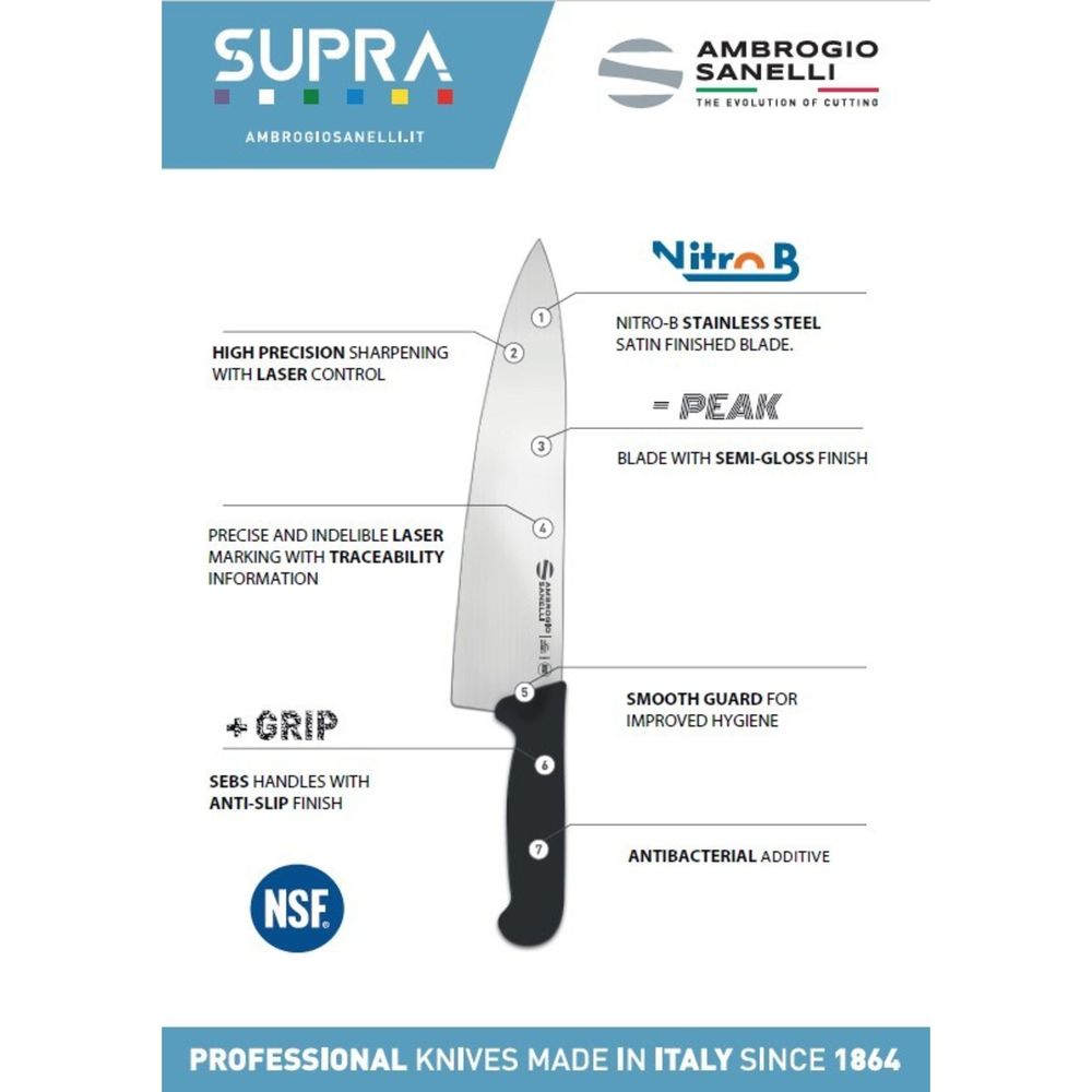 Ambrogio Sanelli Supra Chef Knife With Smooth Semi Polished Blade Finishing, 9.25 Inch