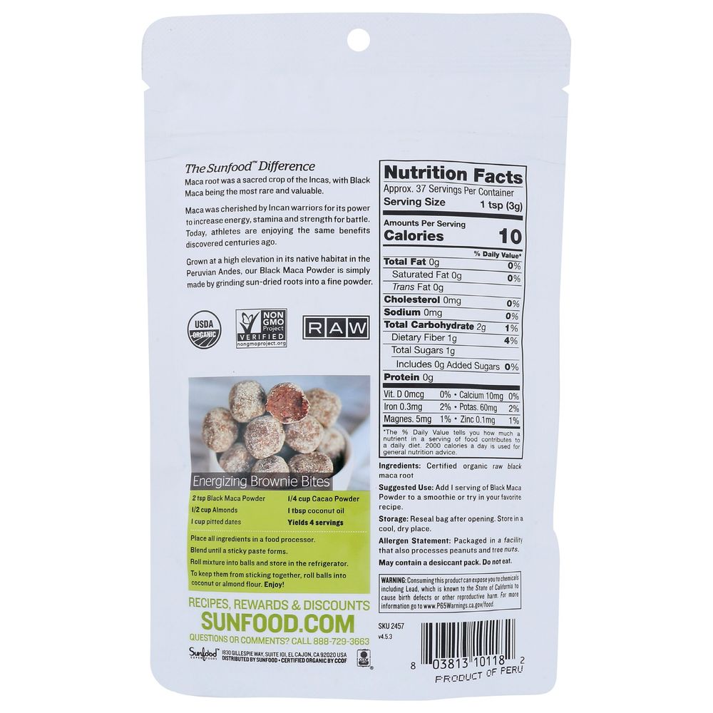 Sunfood Organic Black Maca Powder, 4 Ounce