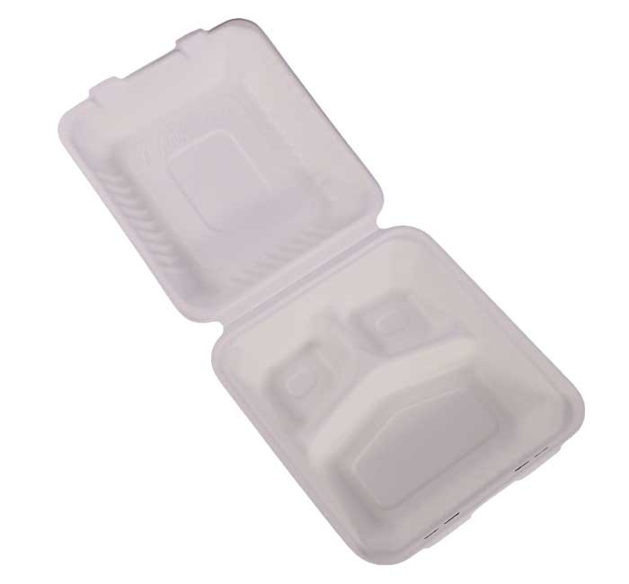 Kitch 24/7 White Compostable 3 Compartment Molded Fiber Hinged Container, 8 X 8 Inch -- 200 Per Case