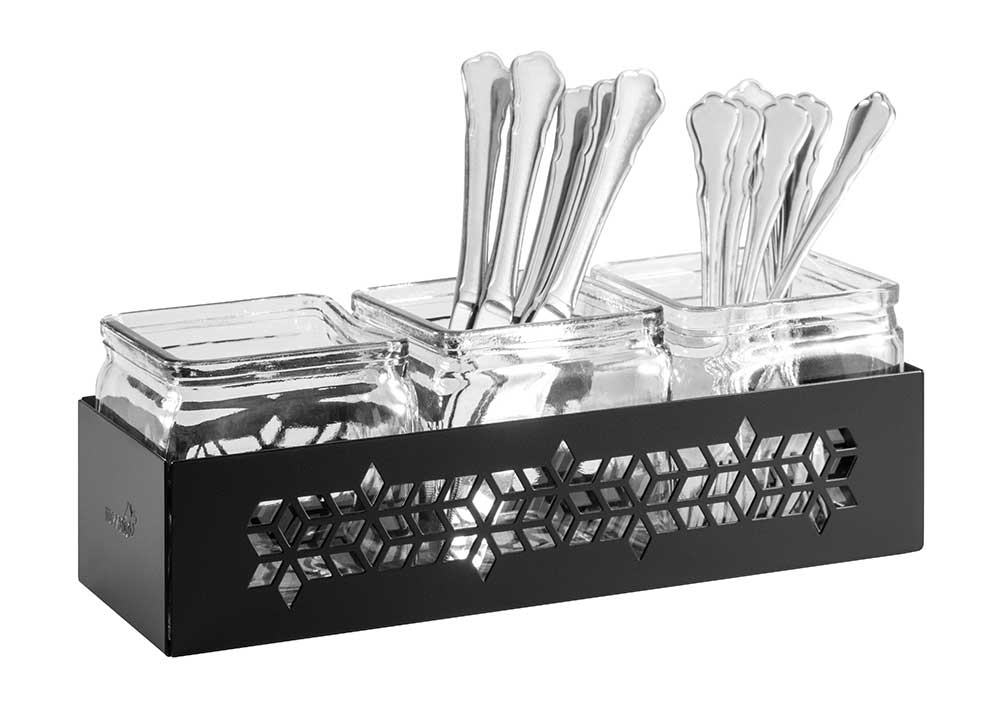 Rosseto Mosaic Black Matte Jar Holder With 3 Glass Jars, 12.2 X 4.2 X 4 Inch