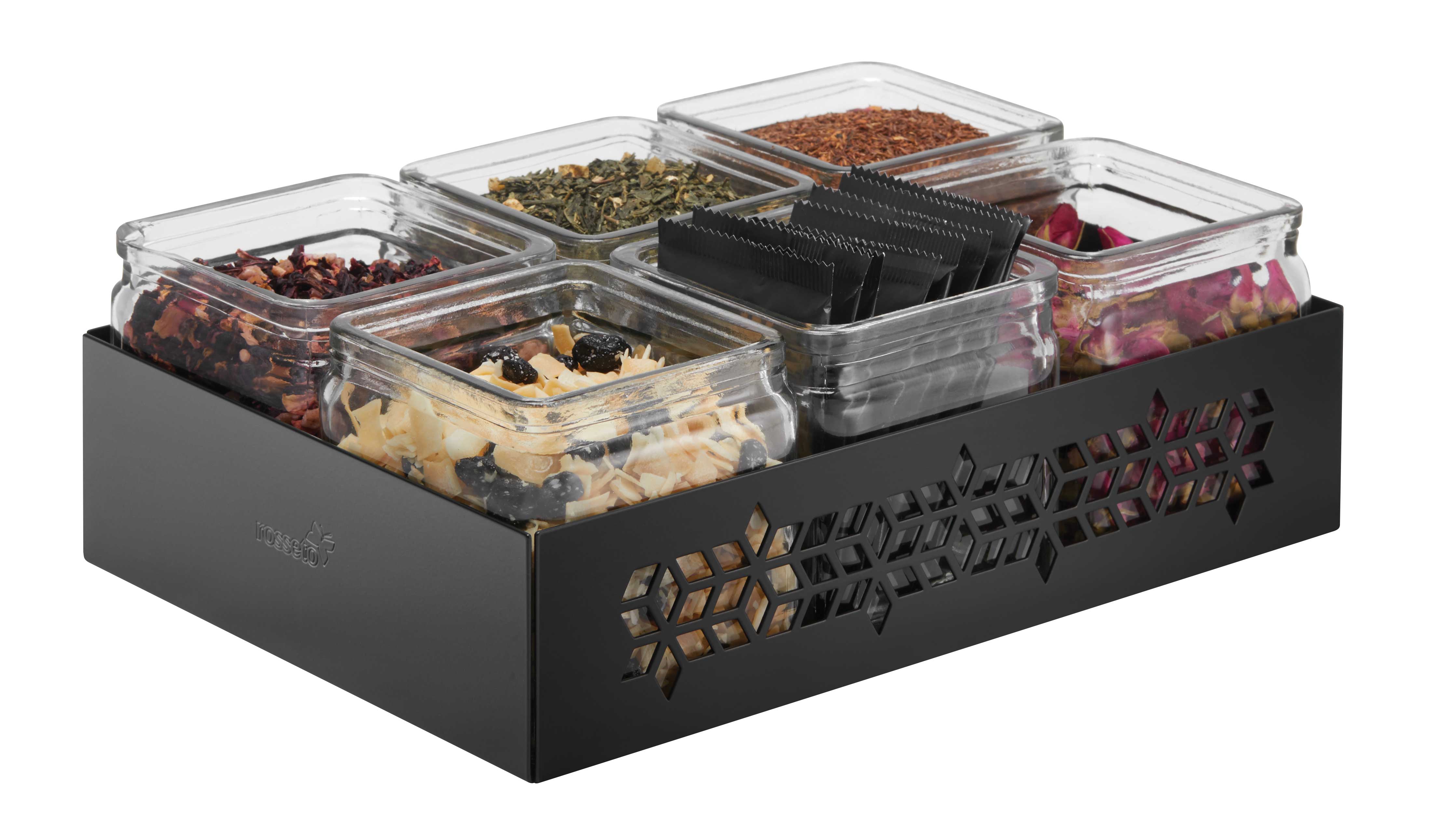 Rosseto Mosaic Black Matte Jar Holder With 6 Glass Jars, 12.2 X 8.2 X 4 Inch