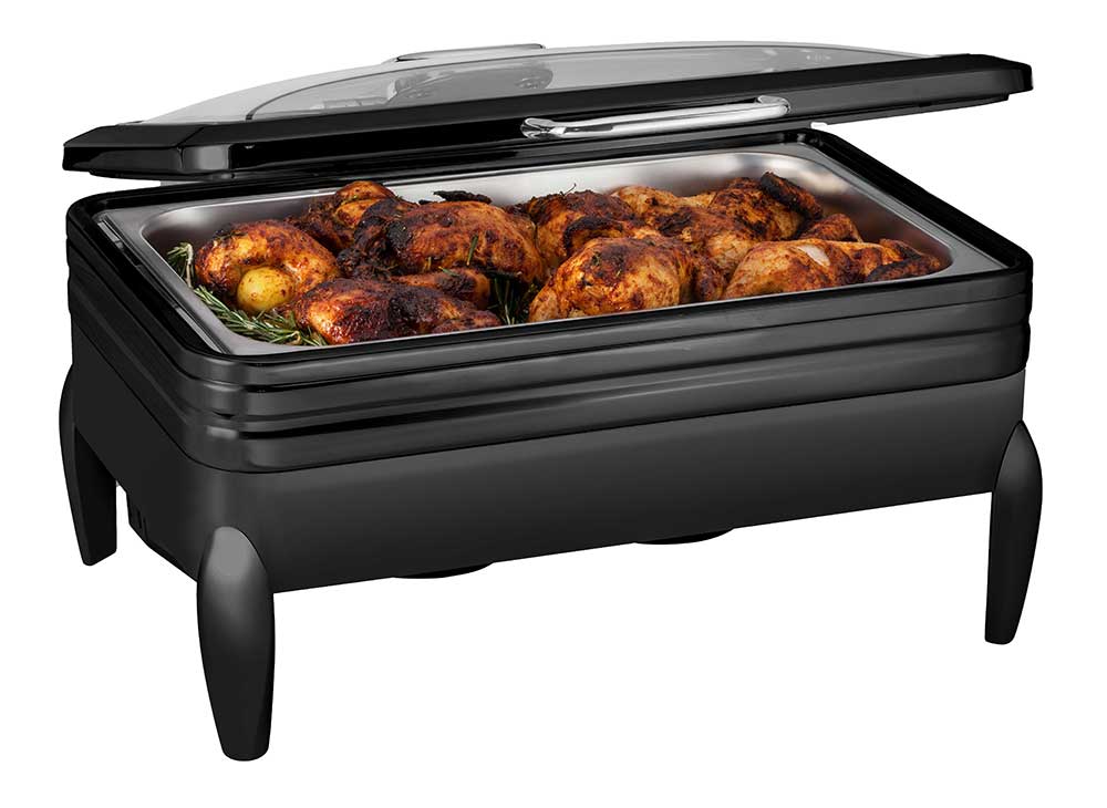 Rosseto De Luxe Black Matte Rectangle Chafing Dish With Glass Lid Frame Burner Holder And Induction Option, 9.51 Quart