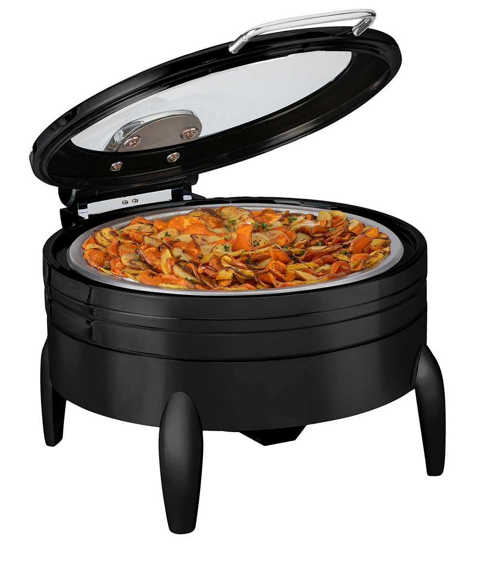 Rosseto De Luxe Round Matte Black Chafing Dish With Glass Lid Frame Burner Holder And Induction Option, 6.34 Quart