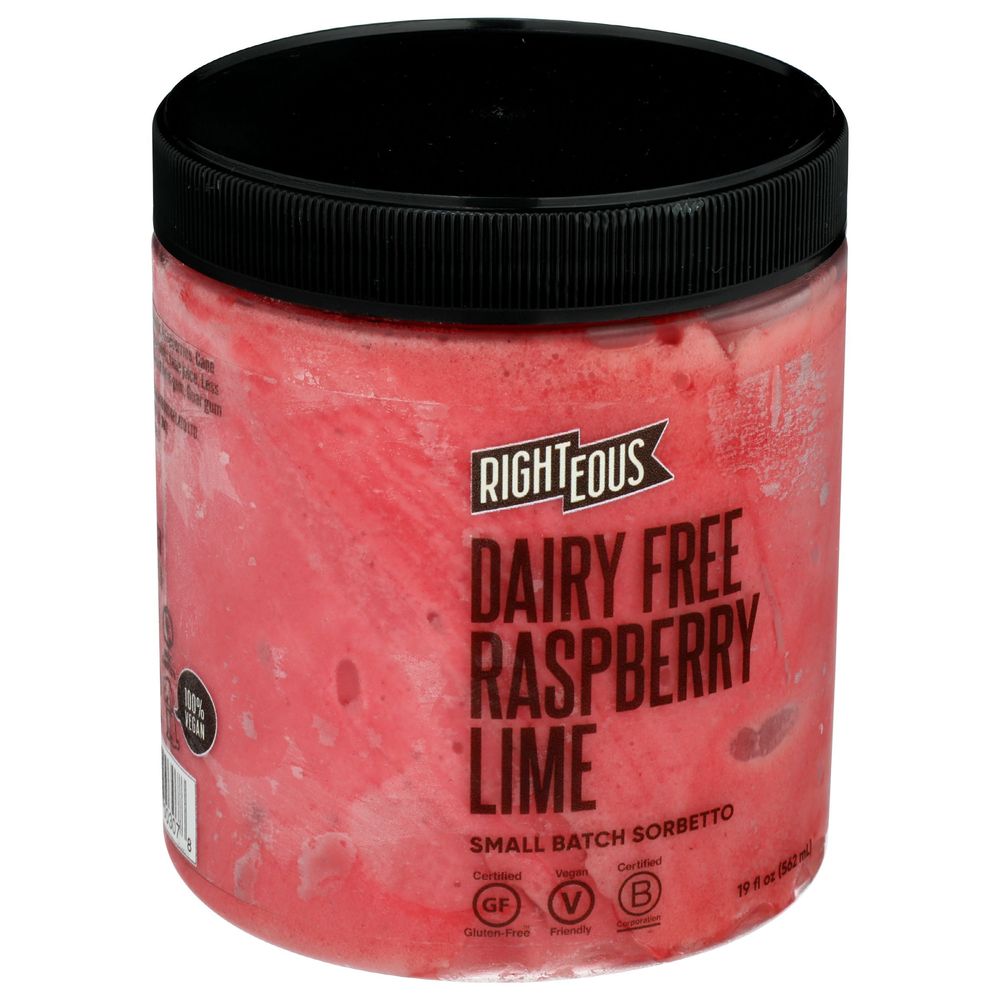 Righteous Dairy Free Raspberry Lime Sorbetto, 16 Ounce -- 8 Per Case