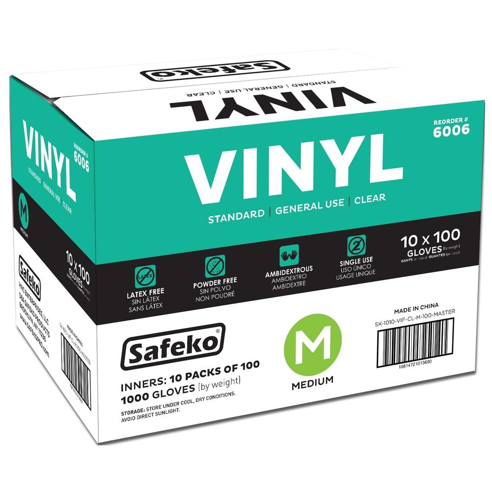 Safeko Medium Clear Powder Free Vinyl Industrial Gloves, 100 Count -- 10 Per Case