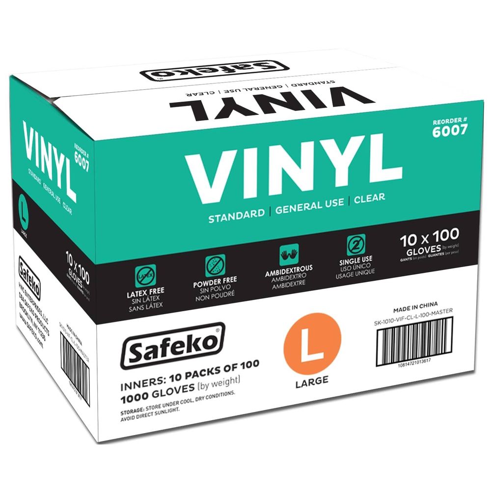 Safeko Large Clear Powder Free Vinyl Industrial Gloves, 100 Count -- 10 Per Case