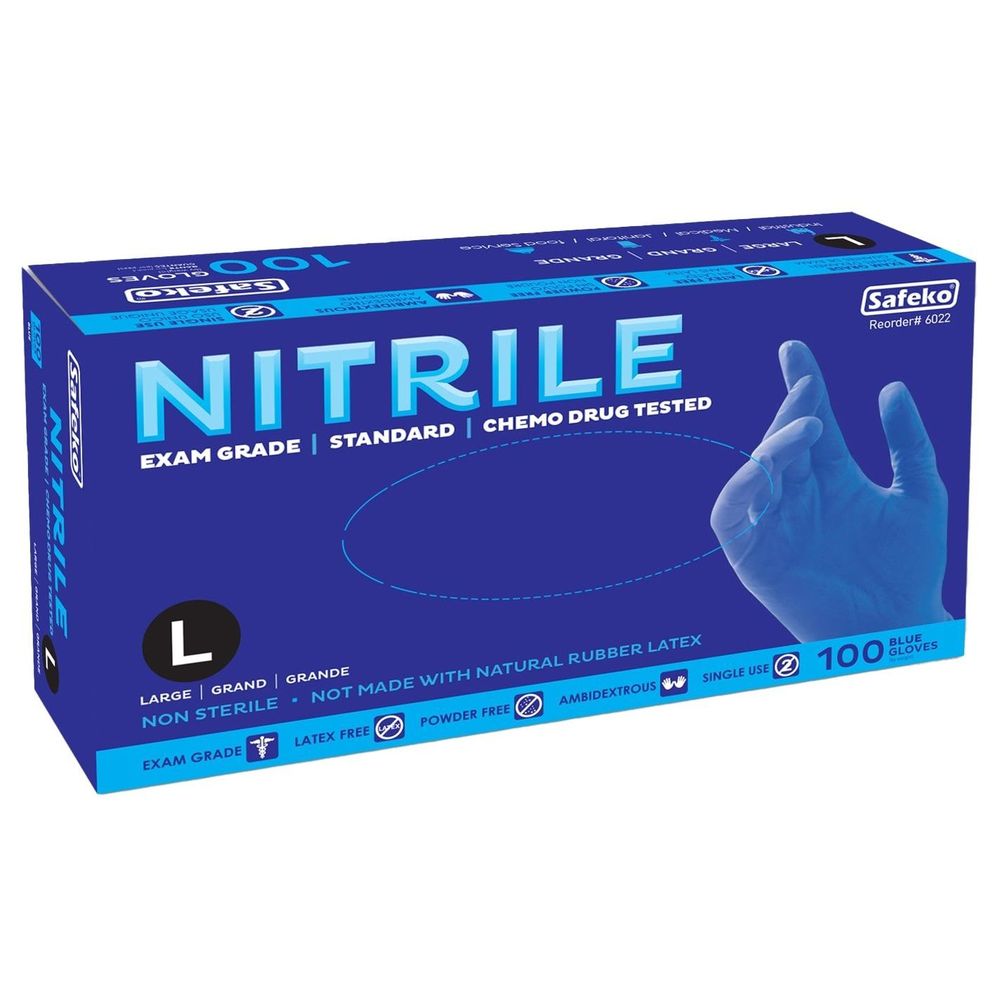 Safeko Large Blue 4 Mil Powder Free Nitrile Examination Gloves, 100 Count -- 10 Per Case
