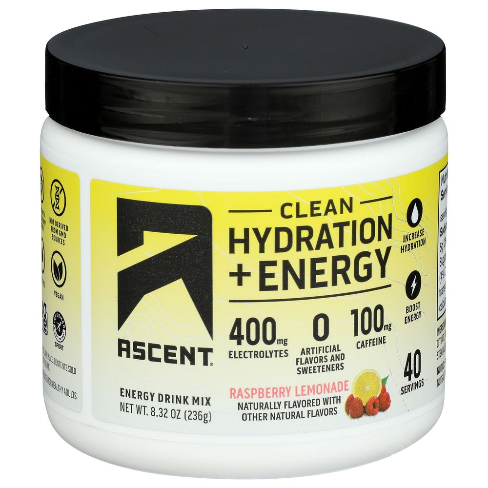Ascent Raspberry Lemonade Clean Hydration Plus Energy Drink Mix, 8.32 Ounce