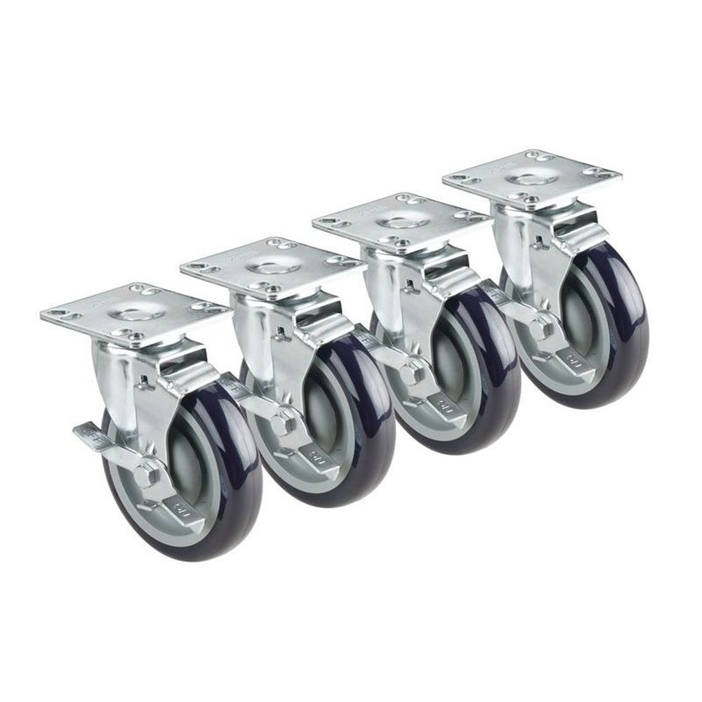 Krowne Krowne 4 Inch Overall Universal 3.5 X 3.5 Inch Plate Caster With Side Brake And 3 Inch Wheel, Set Of 4