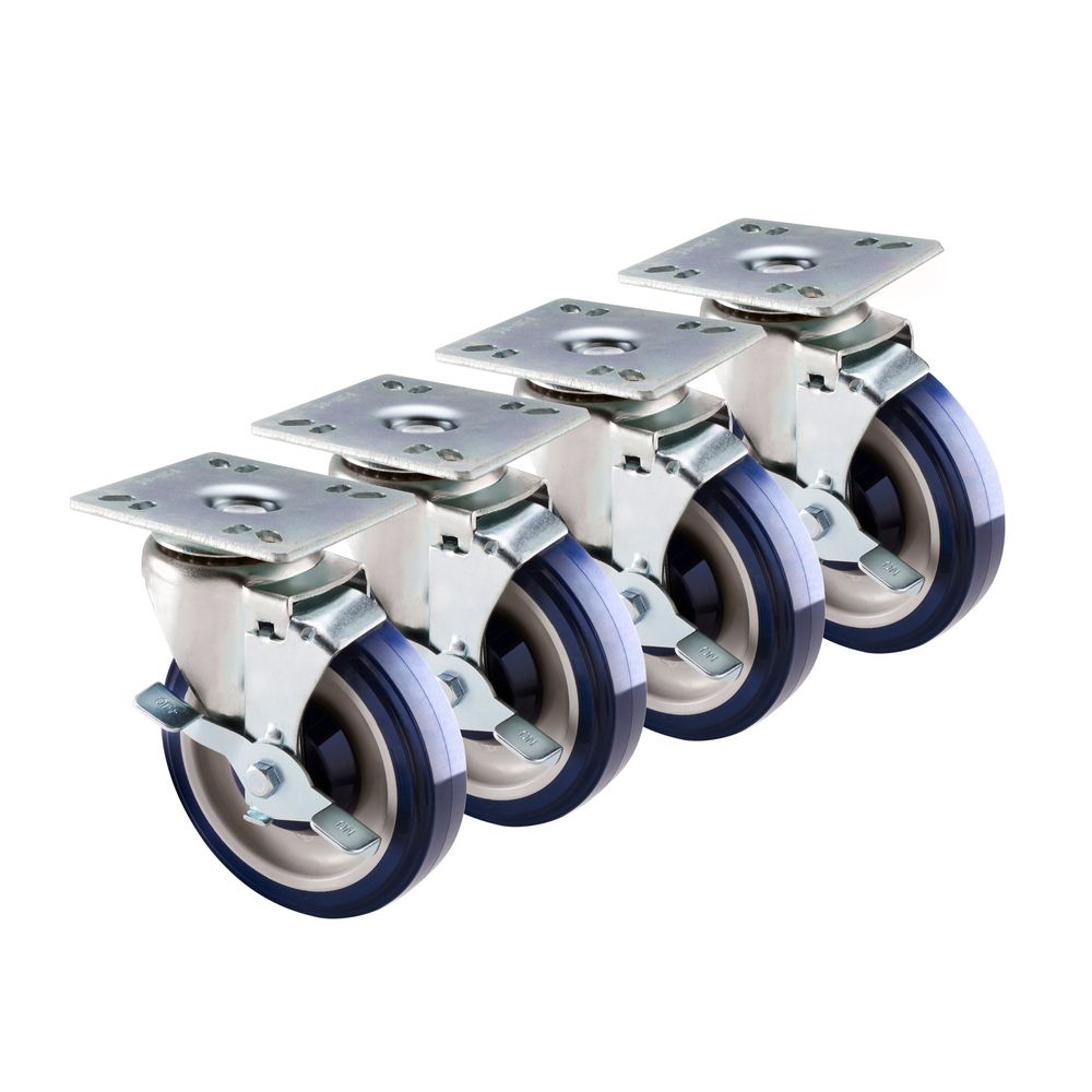 Krowne Economy Series 6 Inch Overall 3.5 X 3.5 Inch Universal Plate Caster With Side Brake And 5 Inch Wheel, Set Of 4