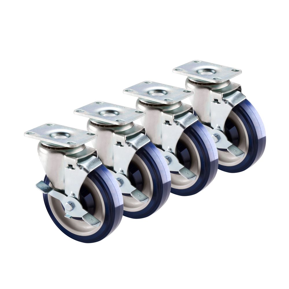 Krowne Economy Series 6 Inch Overall 2.38 Inch X 3.625 Inch Plate Caster With Side Brake And 5 Inch Wheel, Set Of 4