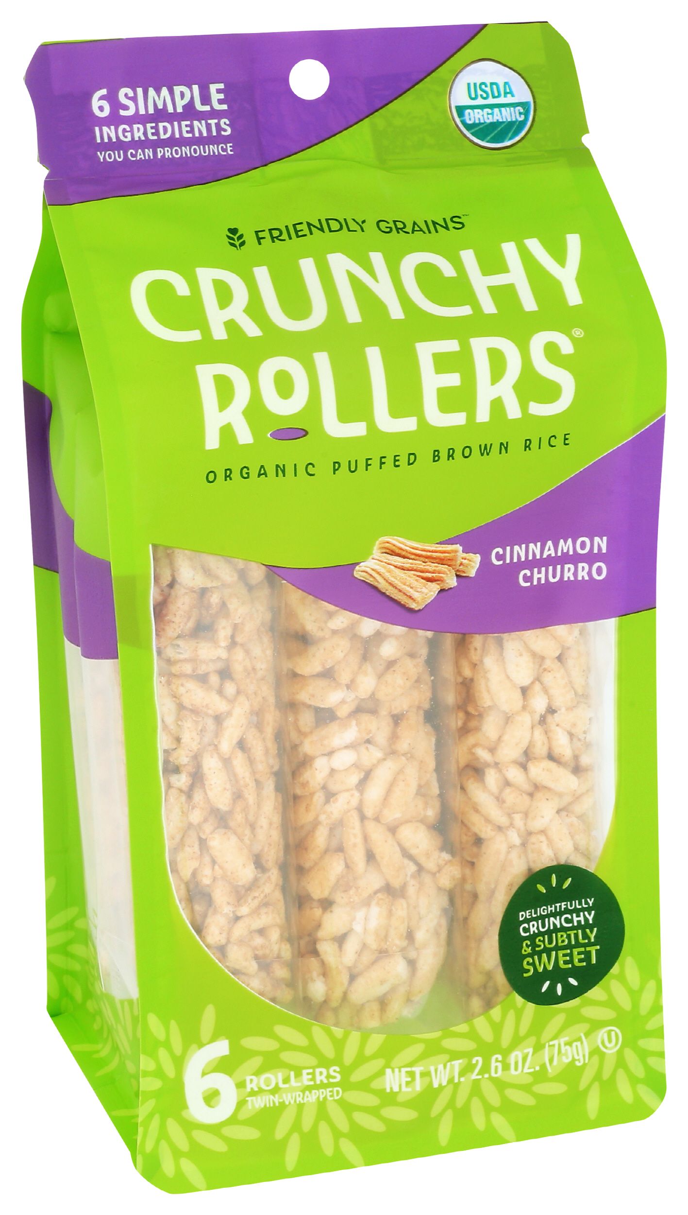 Friendly Grains Organic Cinnamon Churro Puffed Brown Rice Crunchy Rollers, 2.6 Ounce -- 8 Per Case