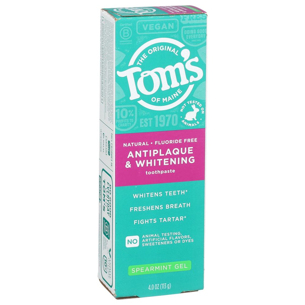 Tom's Of Maine Spearmint Fluoride Free Antiplaque And Whitening Gel Toothpaste, 4 Ounce -- 6 Per Case