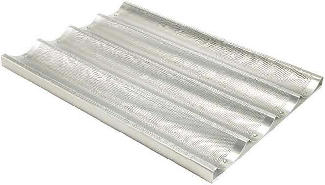 Winco 16 Gauge Aluminum 4 Slots Perforated Baguette Pan with Silicon Glaze 18 x 26 x