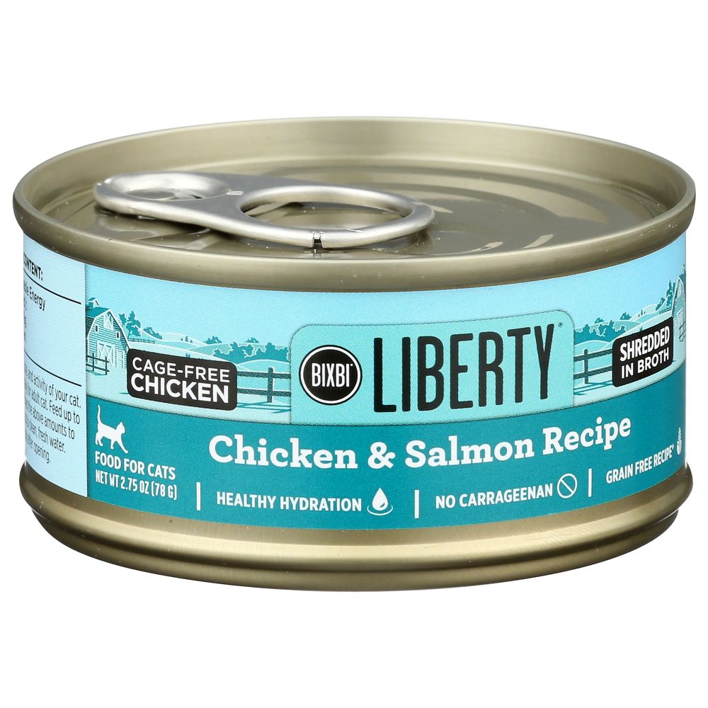 Bixbi Liberty Alimento Húmedo Para Gatos Receta De Pollo Desmenuzado Y Salmón, 2.75 Onzas -- 24 Por Caja