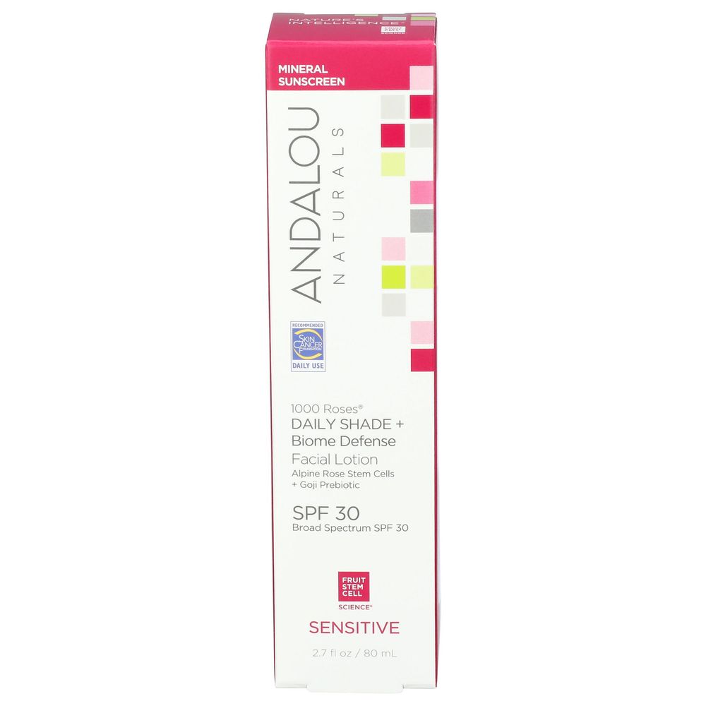 Andalou Naturals 1000 Roses Sensitive SPF 30 Daily Shade Plus Biome Defense Facial Lotion, 2.7 Fluid Ounce