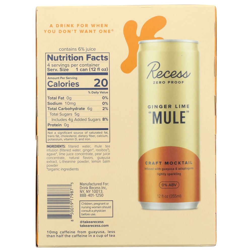 Recess Ginger Lime Mule Craft Mocktail, 12 Fluid Ounce -- 24 per case