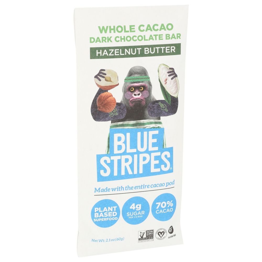 Blue Stripes Hazelnut Butter Whole Cacao Dark Chocolate Bar, 2.1 Ounce -- 12 Per Case