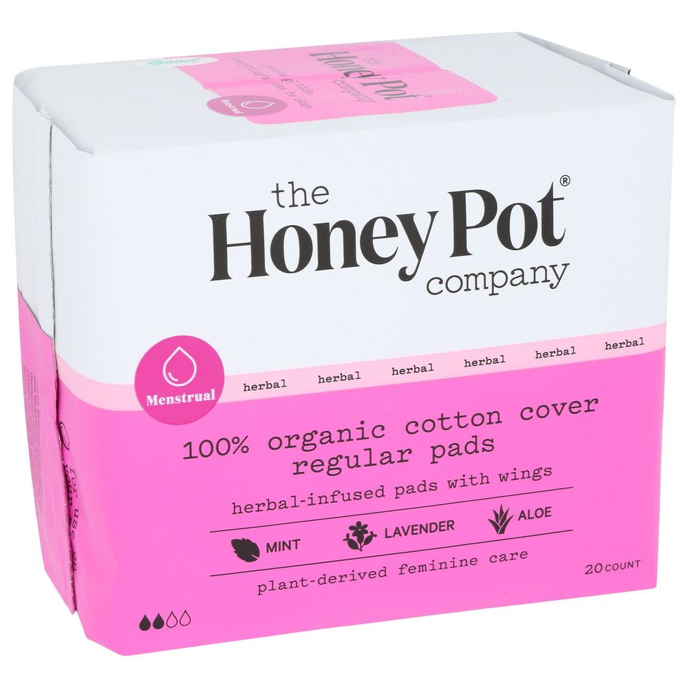 The Honey Pot Organic Cotton Cover Regular Pads With Wings, 20 Count