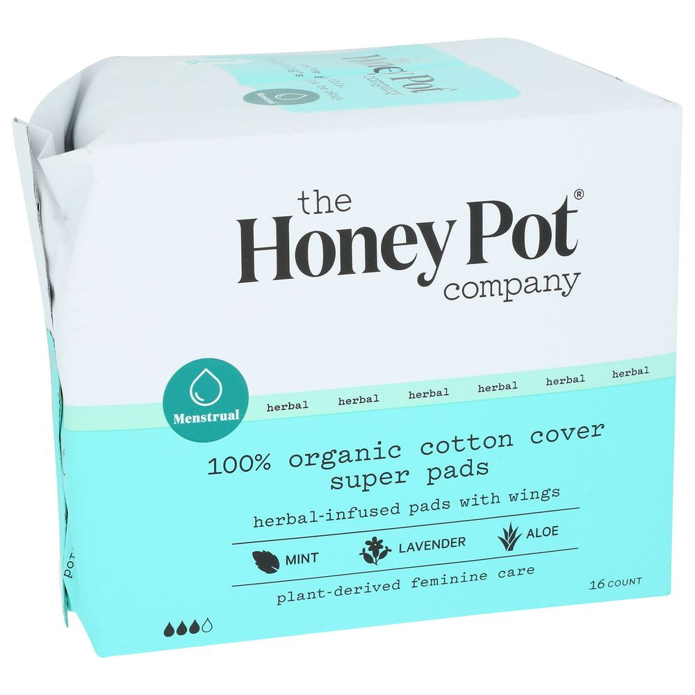 The Honey Pot Organic Cotton Cover Herbal Super Pads With Wings, 16 Count