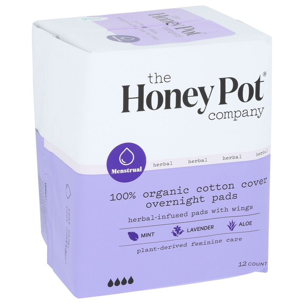The Honey Pot Organic Cotton Cover Overnight Pads With Wings, 12 Count