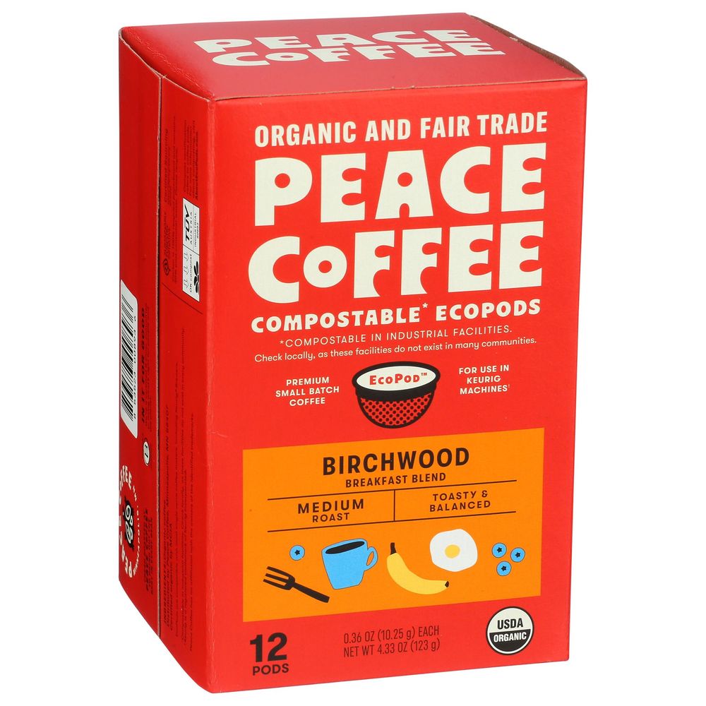 Peace Organic And Fairtrade Compostable Ecopod Birchwood Coffee Pod, 12 Count -- 6 Per Case