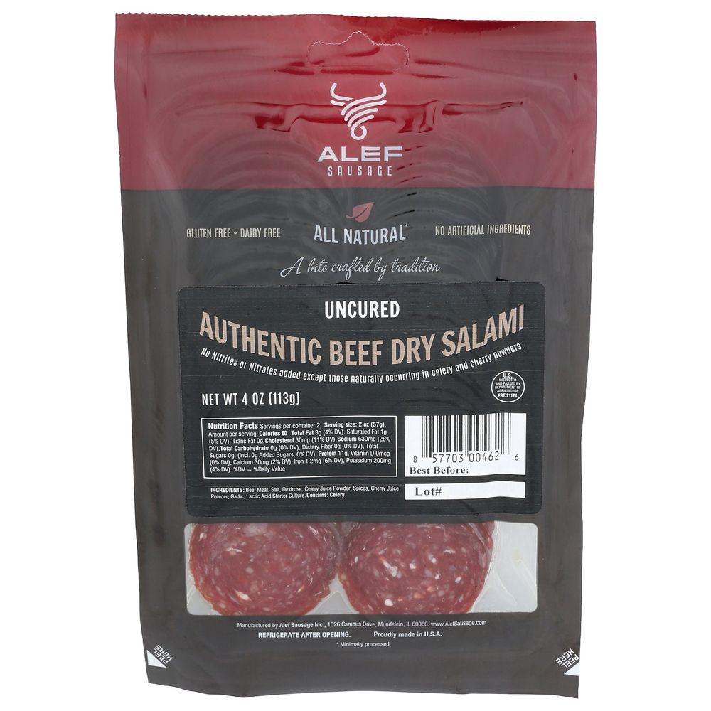 Alef Sausage All Natural Uncured Authentic Beef Dry Salami, 4 Ounce -- 10 Per Case