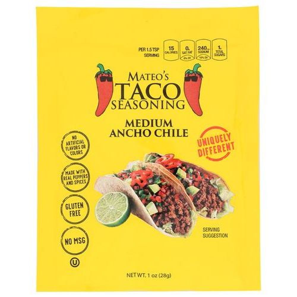 Mateo's Medium Ancho Chile Taco Seasoning, 1 Ounce Packet -- 12 Per Case