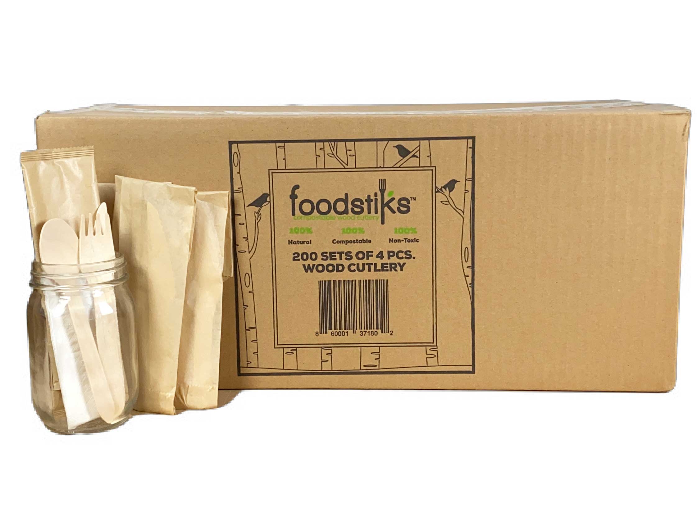 Foodstiks Compostable 4 Pieces Wood Cutlery Set, 6 1/4 Inch Length -- 200 Per Case