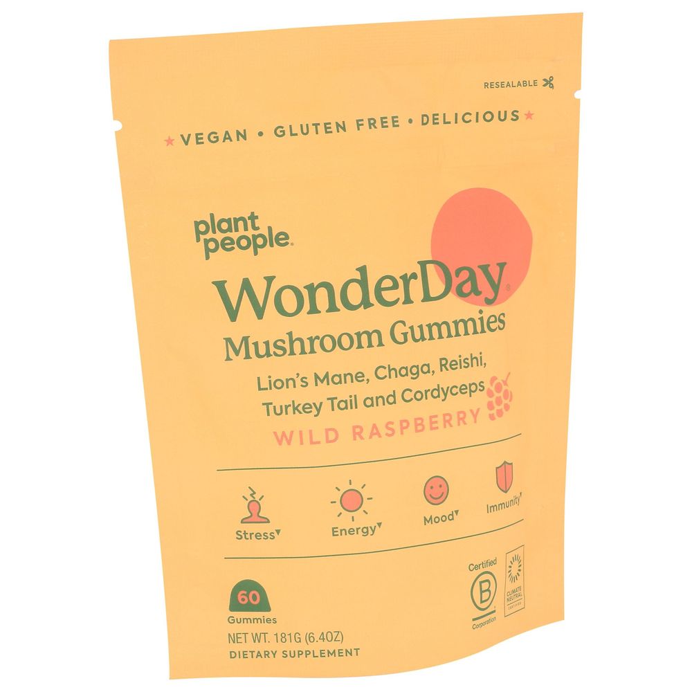 Plant People Wonder Day Wild Raspberry Mushroom Gummies, 60 Count