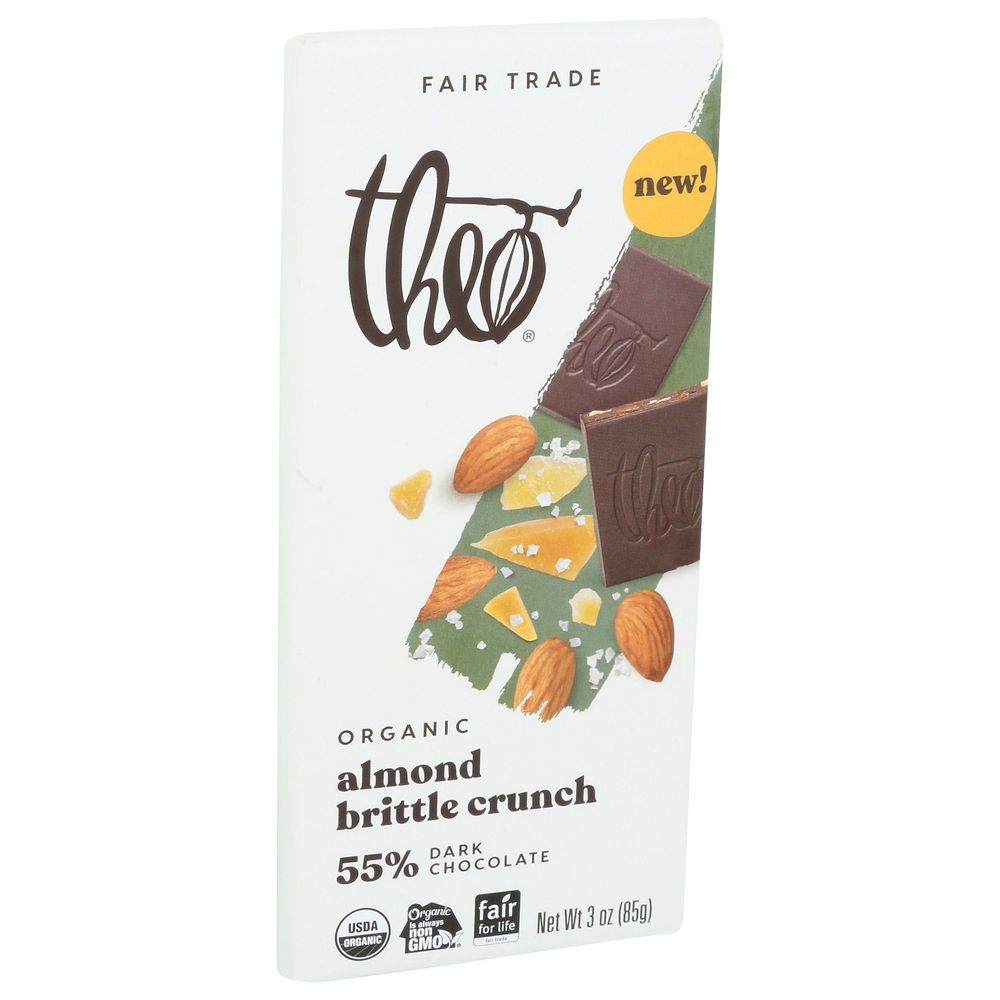 Theo Organic Almond Brittle 55 Percent Dark Chocolate Bar, 3 Ounce -- 12 Per Case