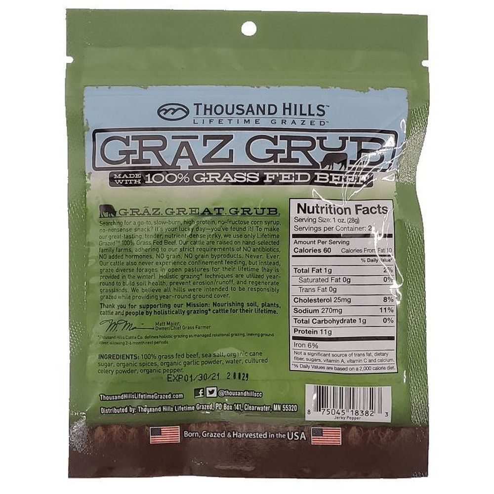 Thousand Hills Lifetime Grazed Grass Fed Pepper Beef Jerky, 2 Ounce -- 12 Per Case