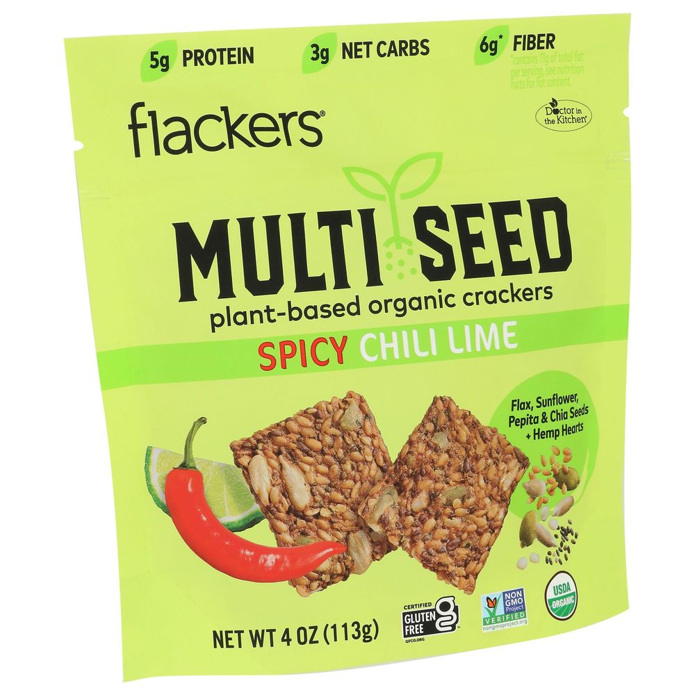 Flackers Organic Plant-based Spicy Chili Lime Multi Seed Cracker, 4 Ounce -- 6 Per Case