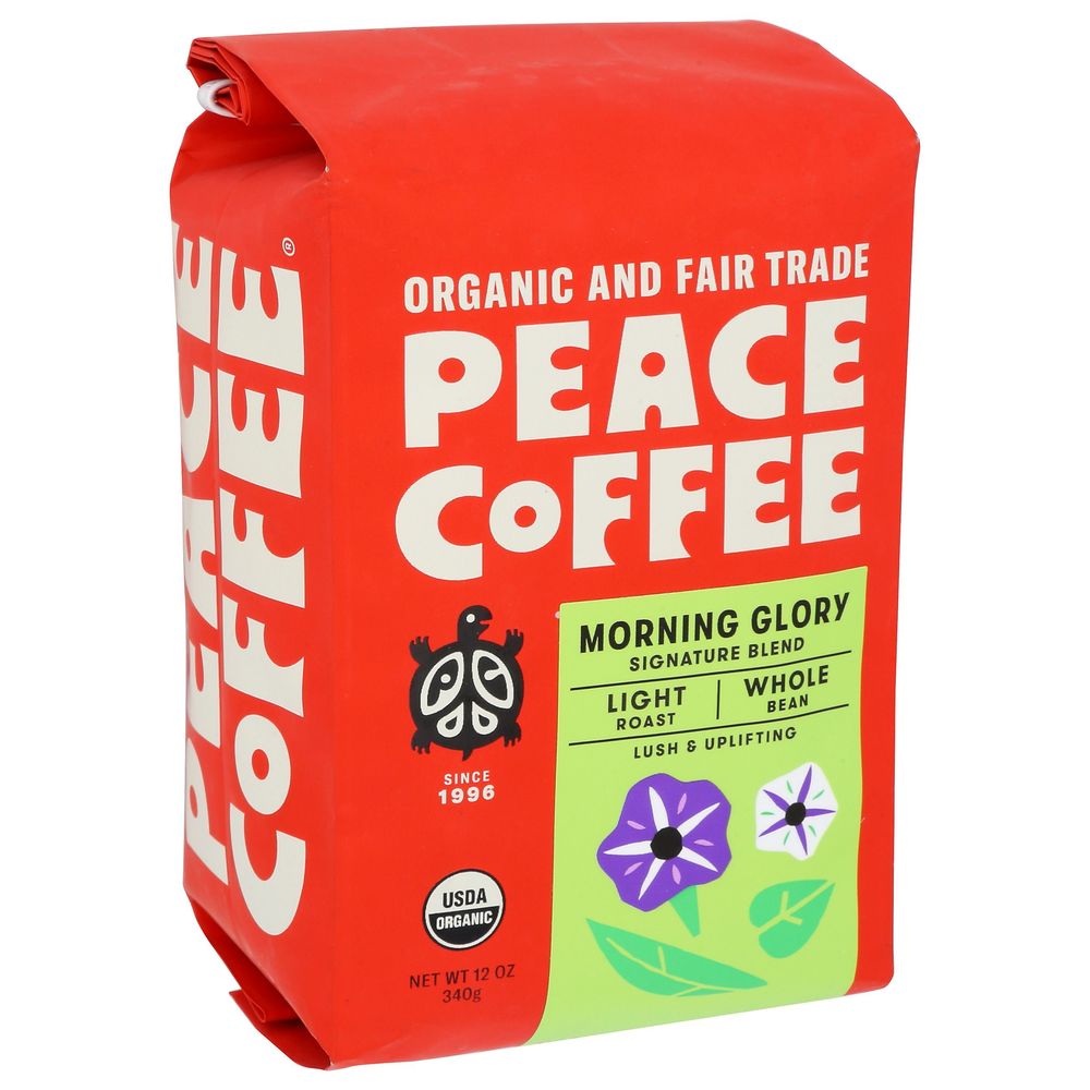 Peace Coffee Organic Fair Trade Morning Glory Light Roast Whole Bean Coffee, 12 Ounce -- 6 Per Case