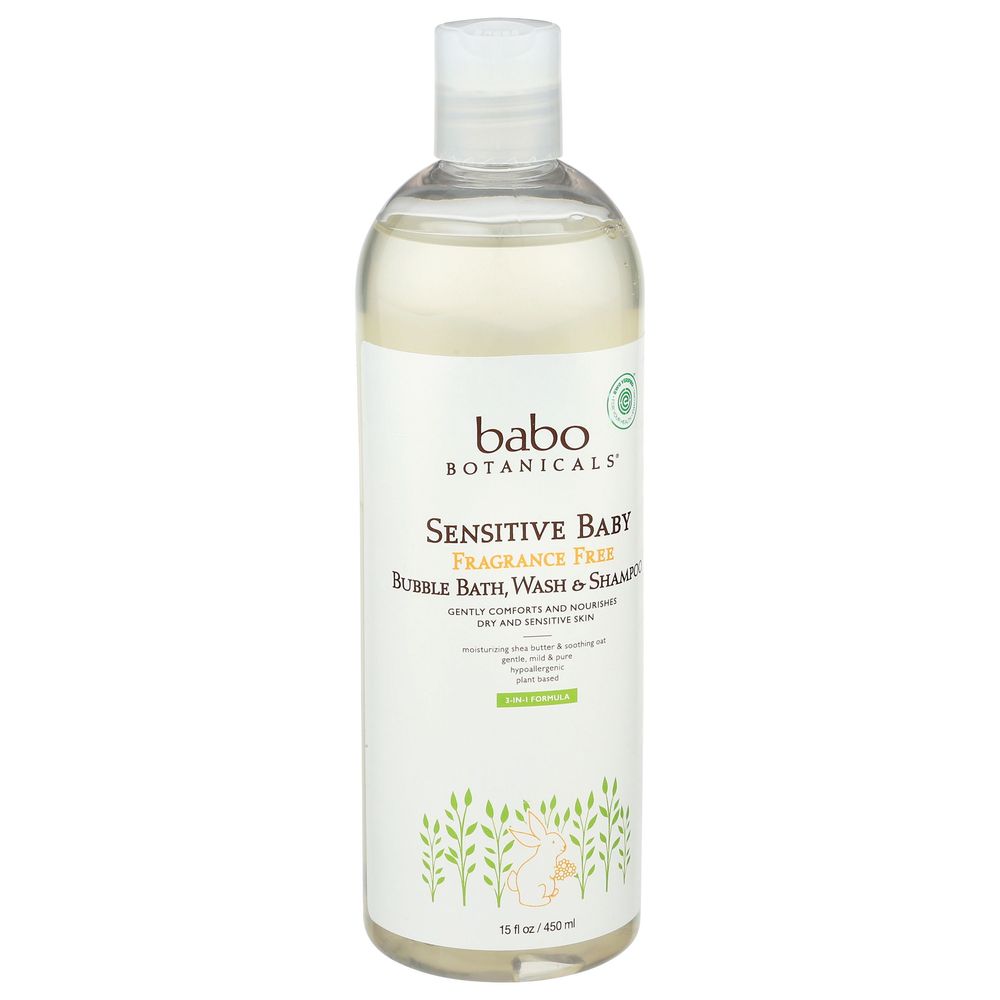 Babo Botanicals Sensitive Baby Fragrance Free Bubble Bath Wash, 15 Ounce