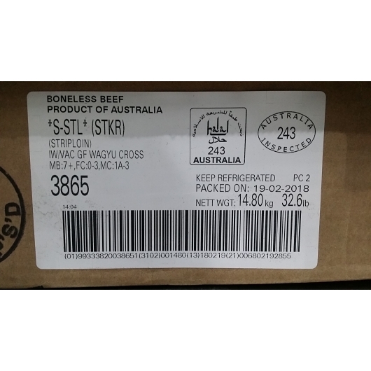 Rangers Valley Bms 7 Raw Wagyu Beef Striploin, 16 Pound -- 4 Per Case