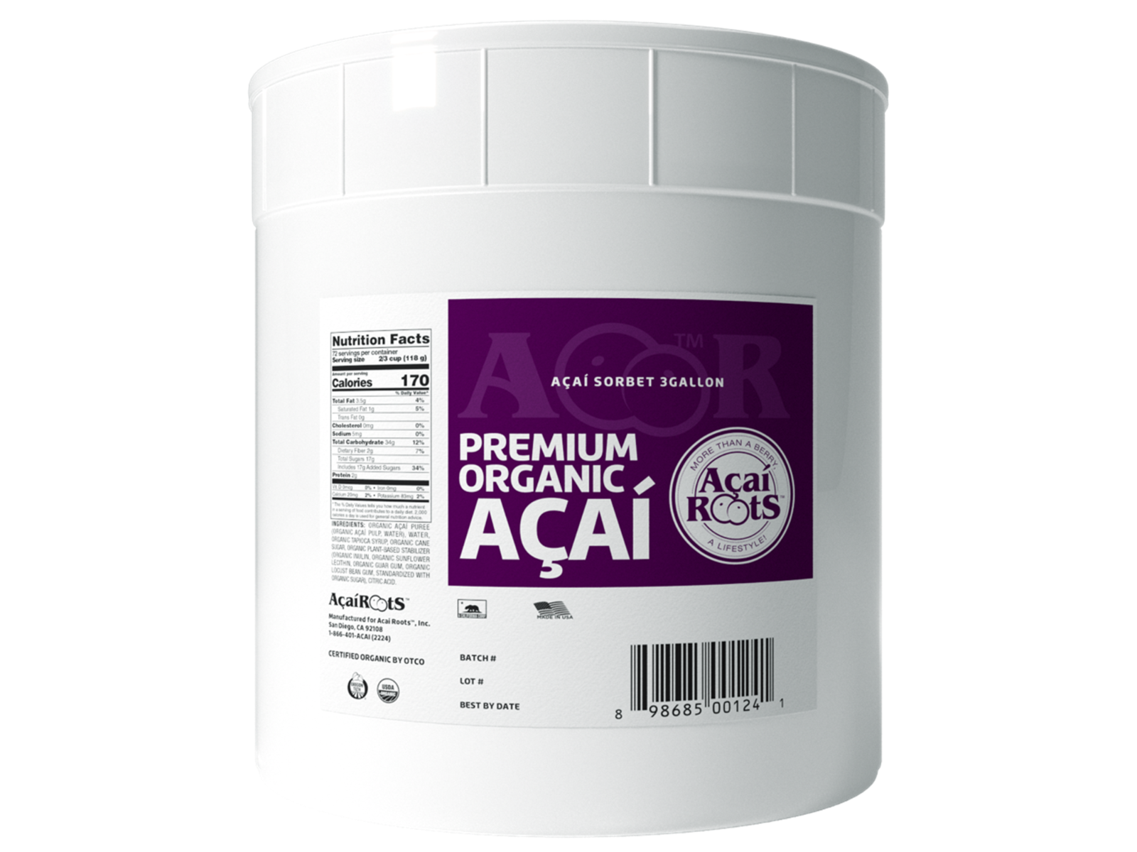 Acai Roots Organic Premium Acai Sorbet, 3 Gallon.