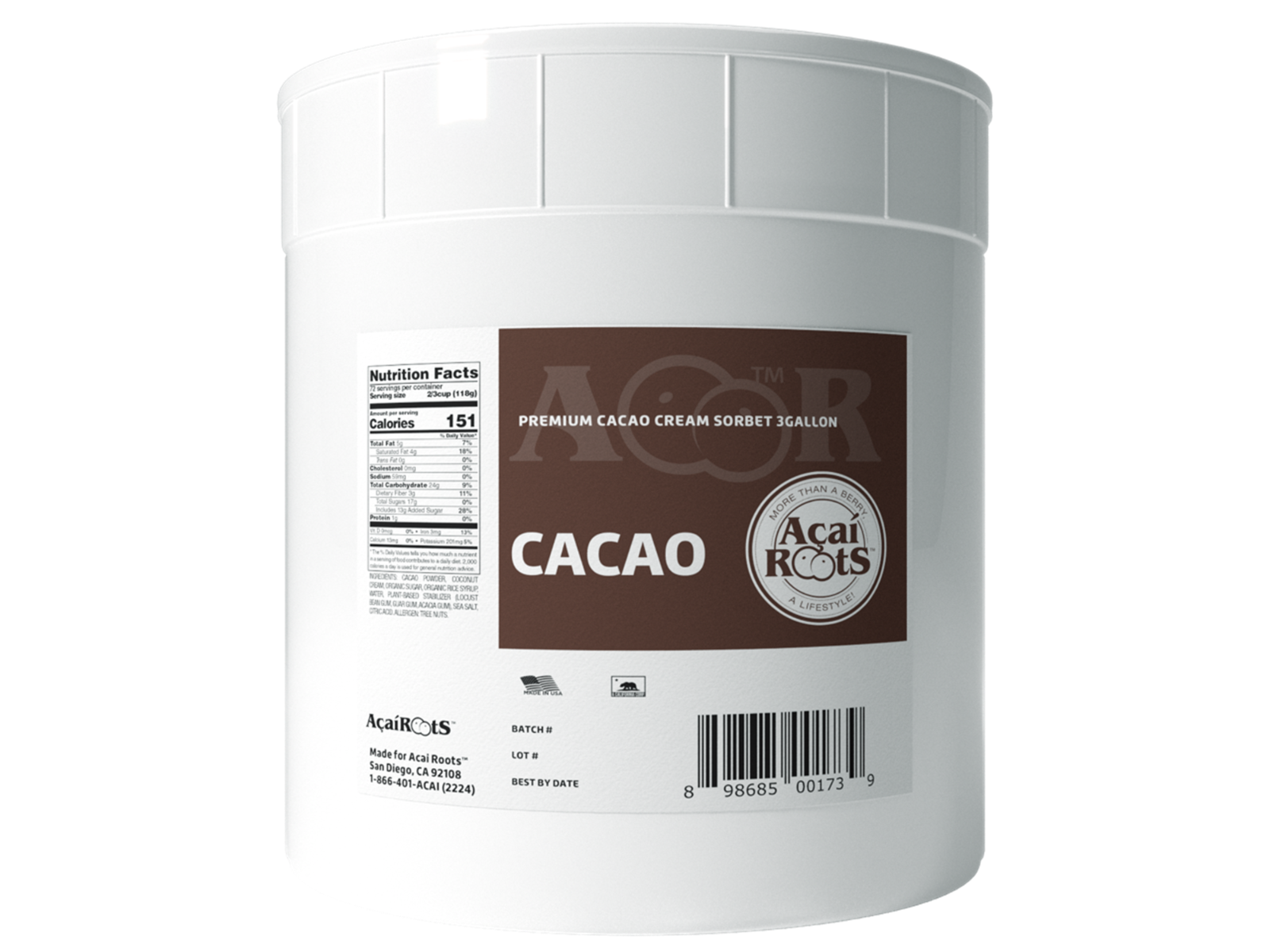 Acai Roots Cacao Cream Sorbet, 3 Gallon
