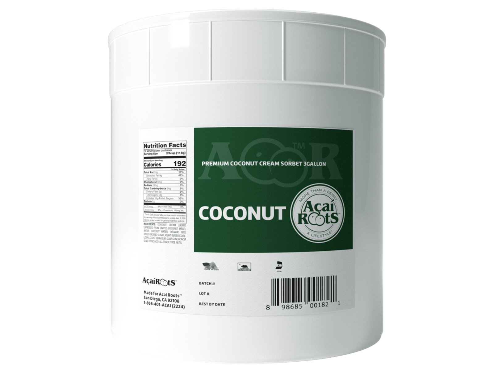 Acai Roots Coconut Cream Sorbet, 3 Gallon