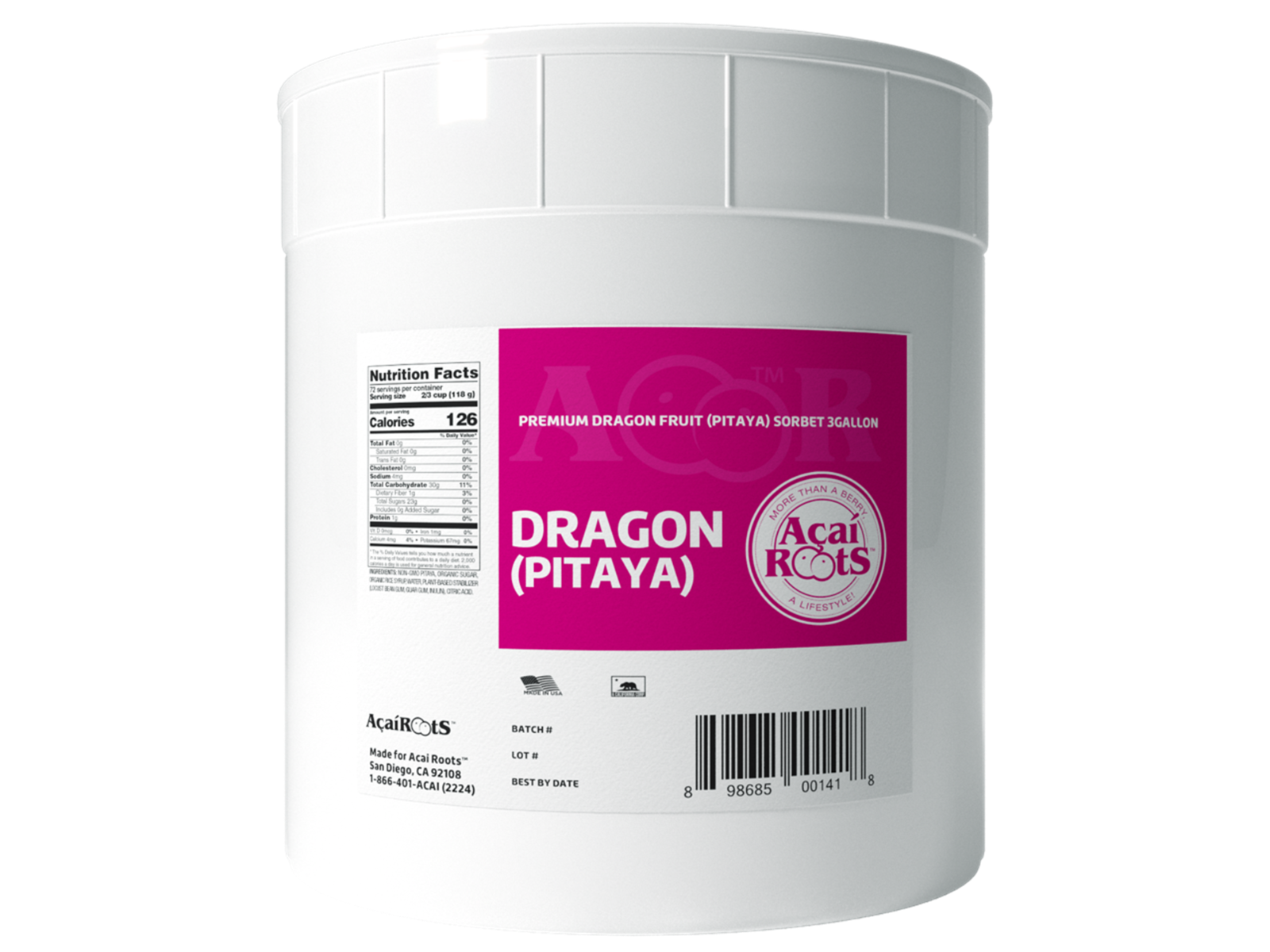 Acai Roots Pitaya Fruit Sorbet, 3 Gallon