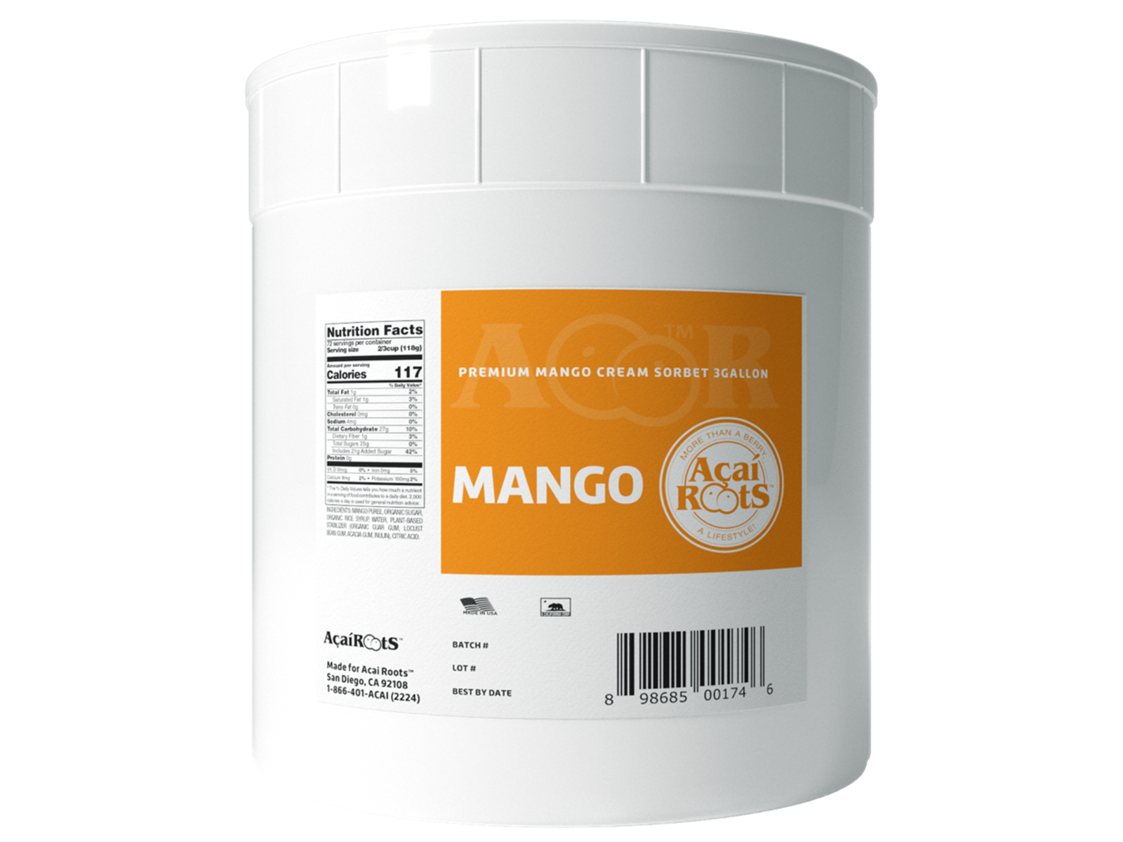 Acai Roots Mango Cream Sorbet, 3 Gallon