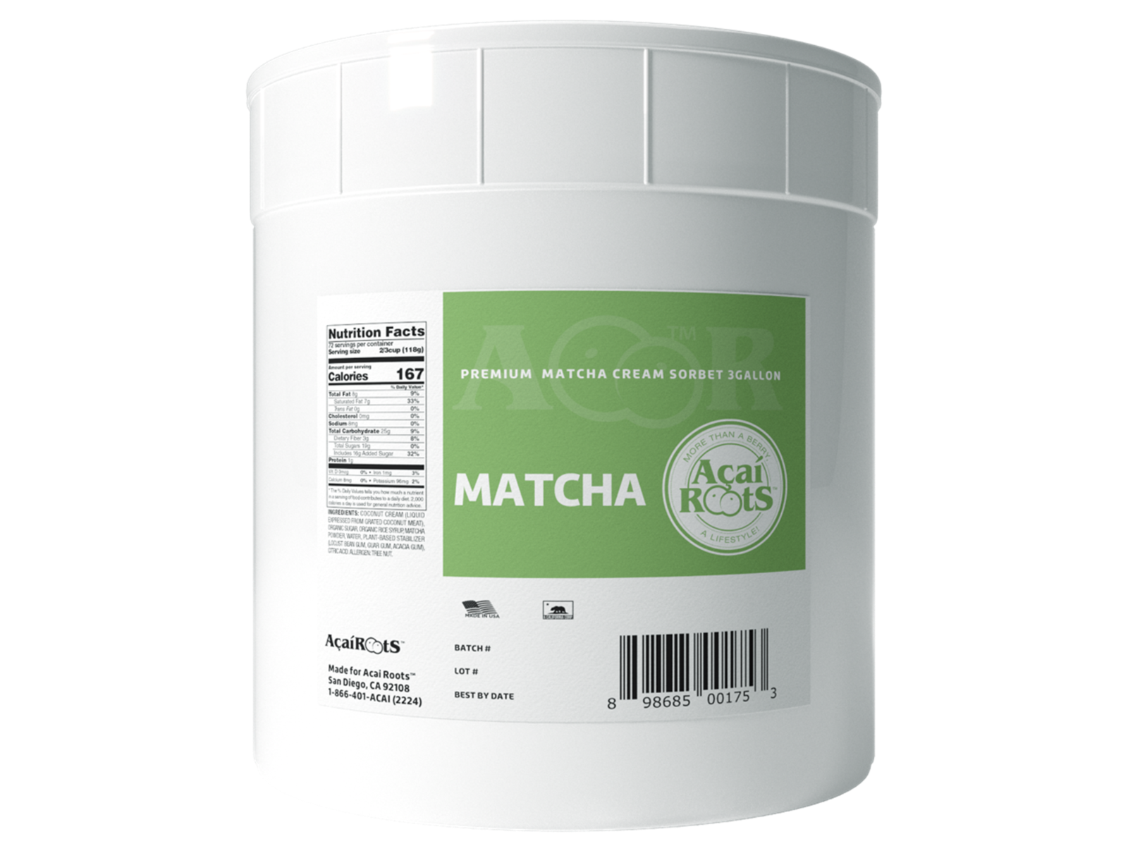 Acai Roots Matcha Cream Sorbet, 3 Gallon