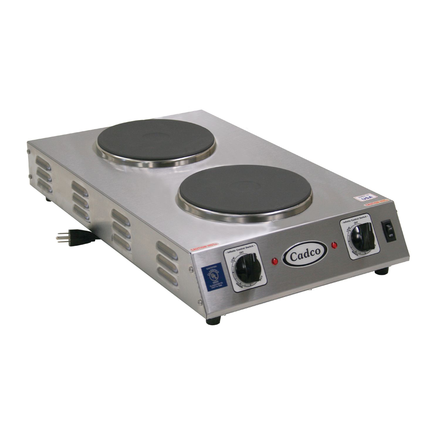 Cadco Heavy Duty Stainless Steel 120 Volt Portable Double Space Saver Hot Plate With Cast Iron Elements, 13 1/2 X 4 1/8 X 22 3/4 Inch