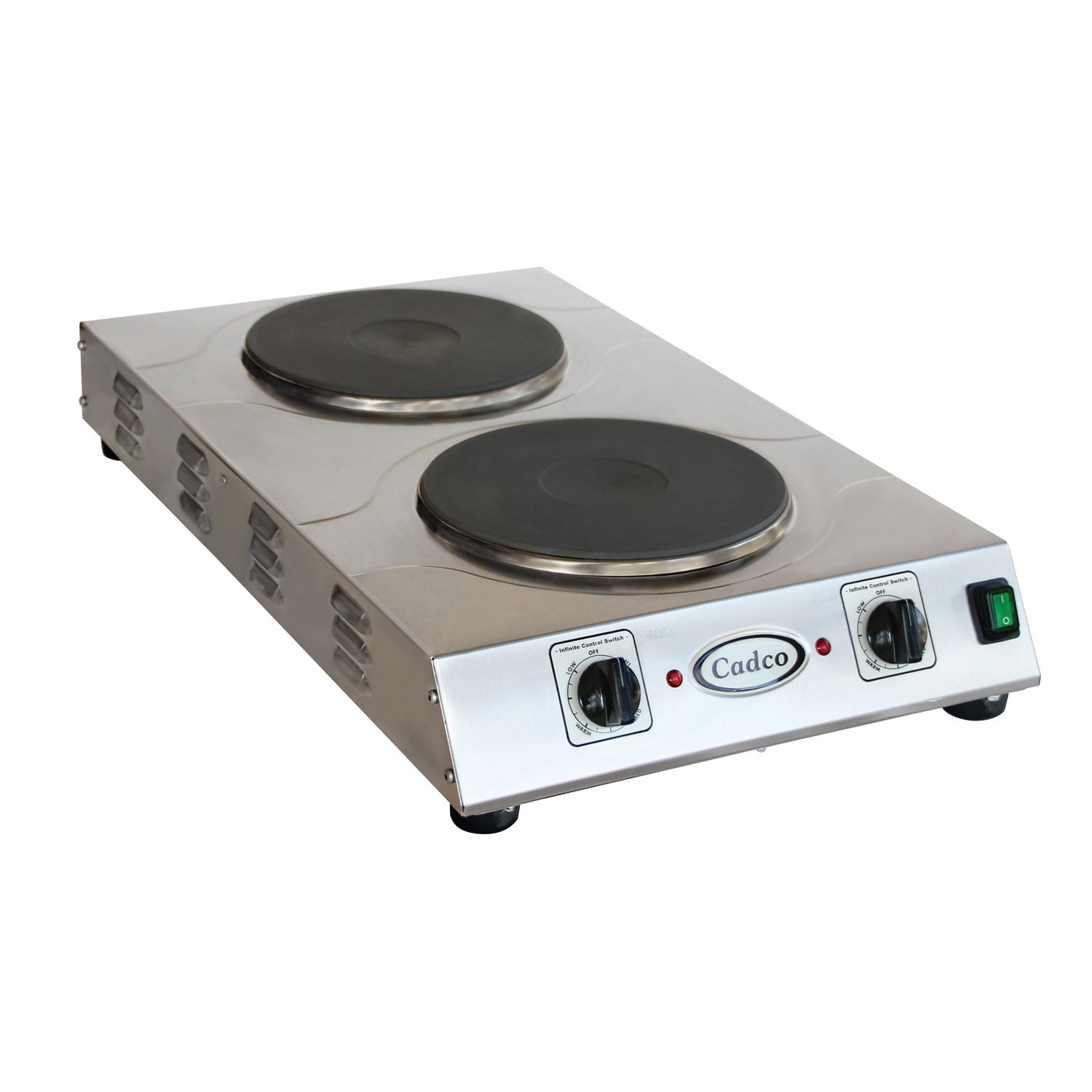 Cadco Heavy Duty Stainless Steel 220 Volt Double Space Saver Hot Plate With Cast Iron Elements, 15 X 4 1/4 X 25 1/2 Inch