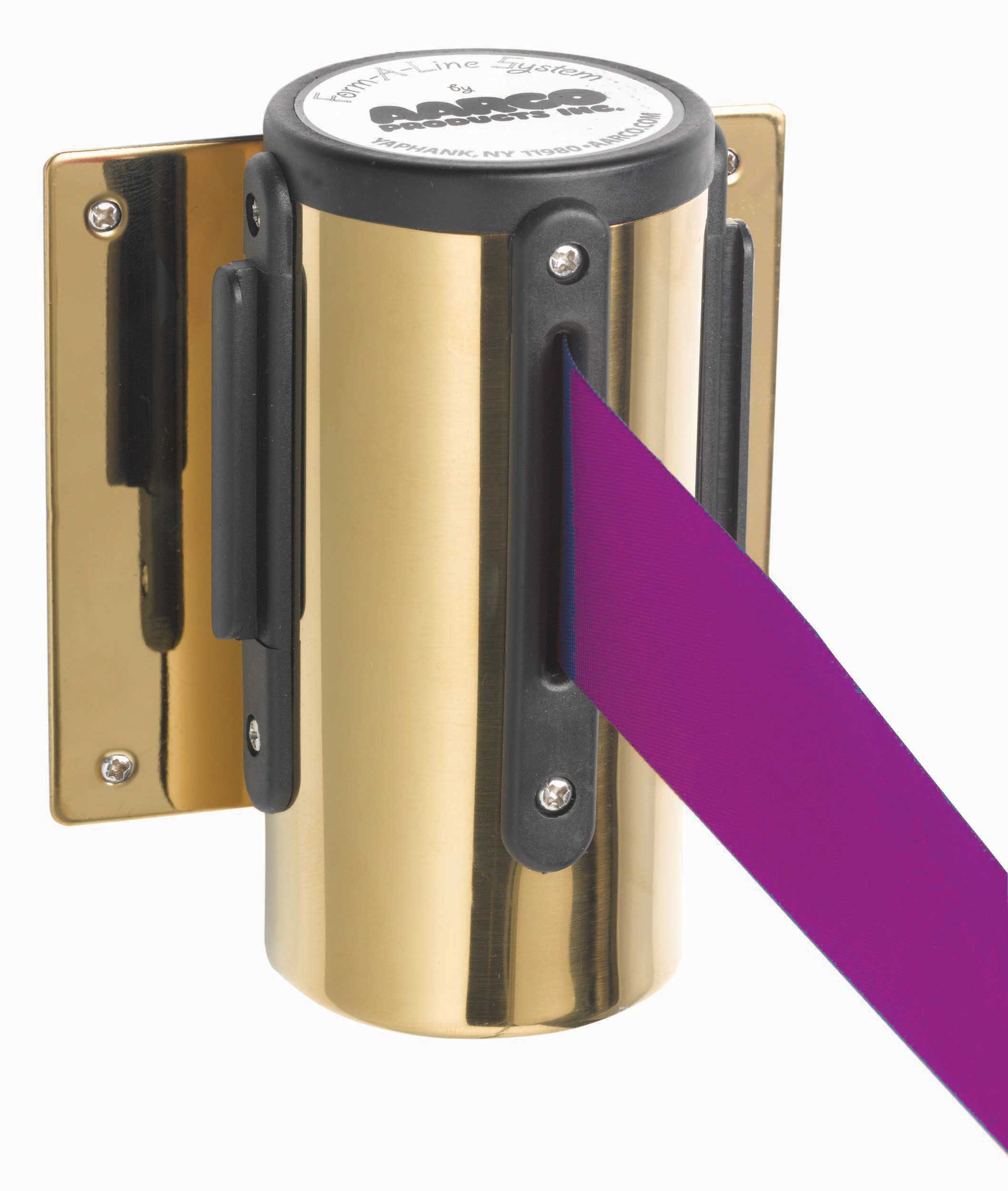 Aarco Form-a-line (tm) Brass Finish Wall Mounted Crowd Control System With 7 Feet Retractable Purple Belt