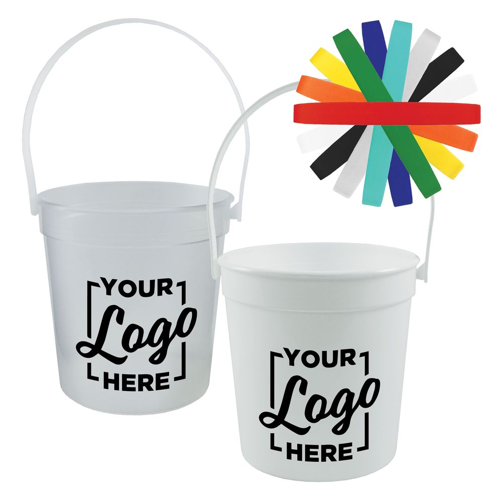 Howw Polypropylene Red Handle White Rum Bucket With 3 Color Custom Logo, 32 Ounce Capacity -- 192 Per Case