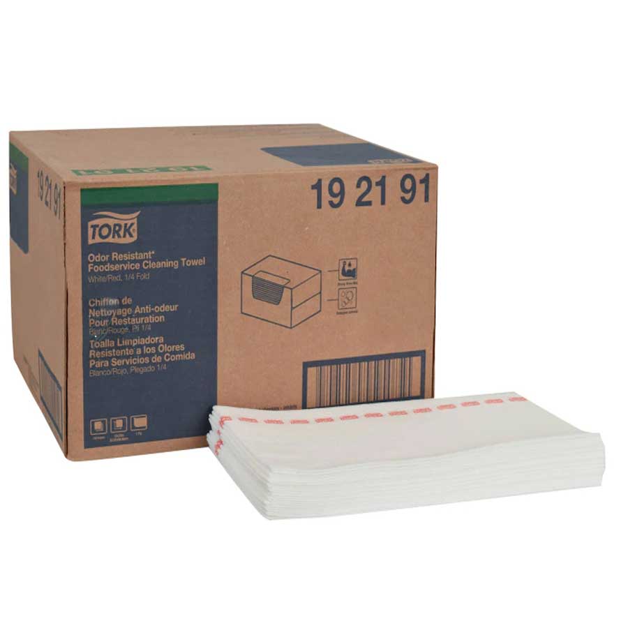 Tork Red And White Stripe 1/4 Fold 1 Ply Paper Odor Resistant Foodservice Cleaning Towel, 150 Towels Per Box