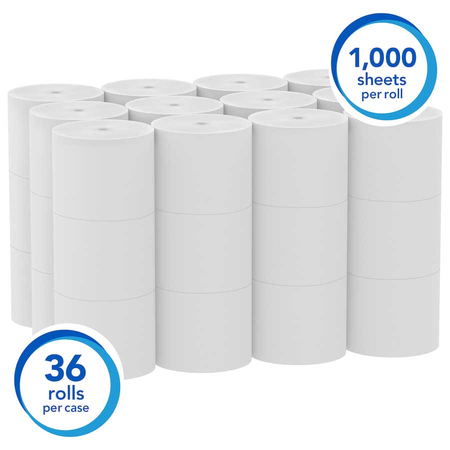 Scott Essential Coreless 2-ply Standard Roll Toilet Paper, 1000 Sheets Per Roll -- 36 Per Case