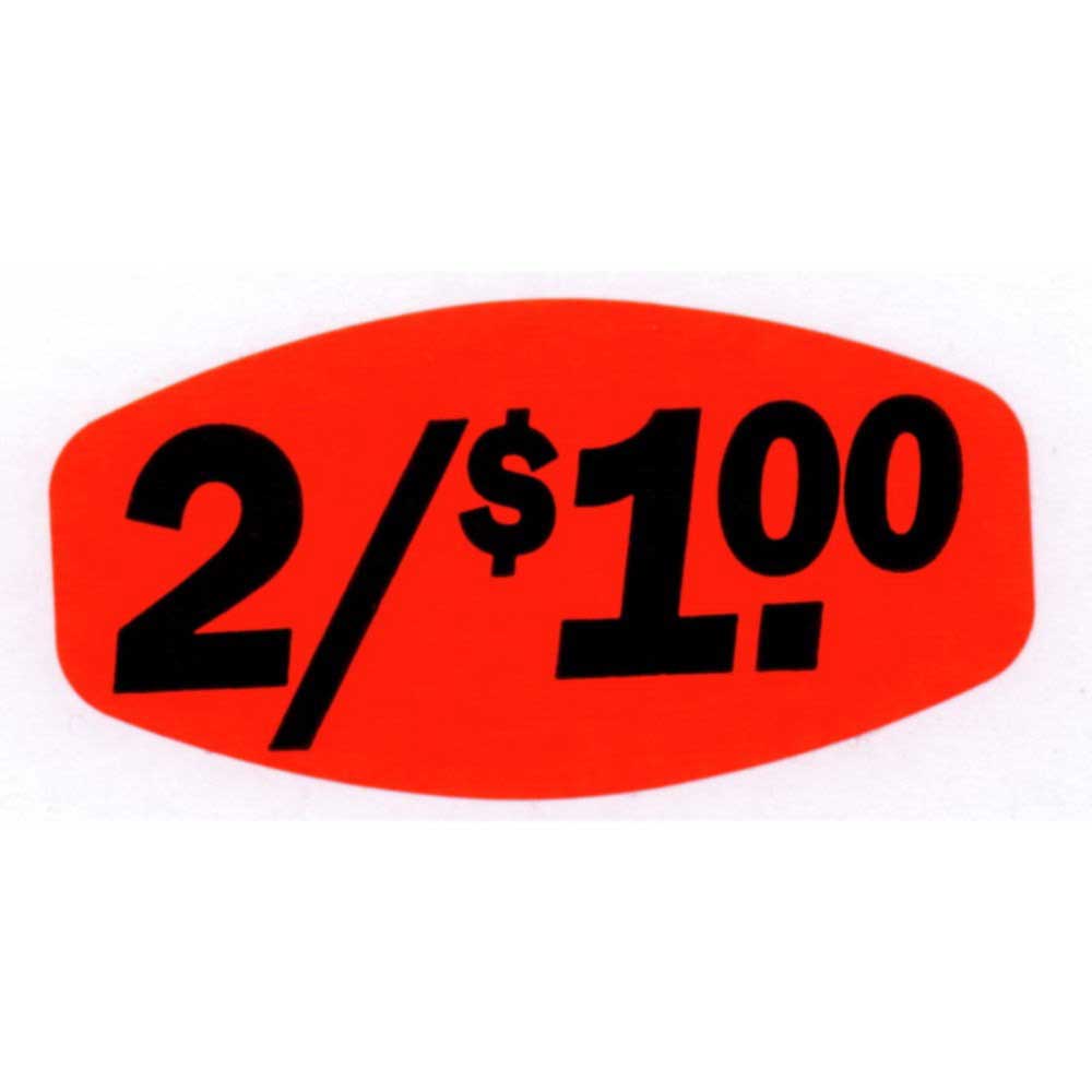 Bollin Label Red Glow Oval 2/$1.00 Price Label, 0.625 X 1.25 Inch, 1000 Per Roll