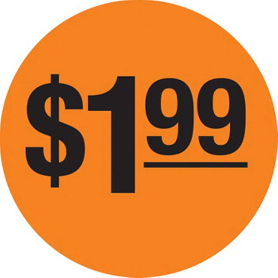 Adhesive Label, Circle Orange Glo Dollar $1.99 Pre-priced Label, 1.5 Inch -- 1000 Per Case